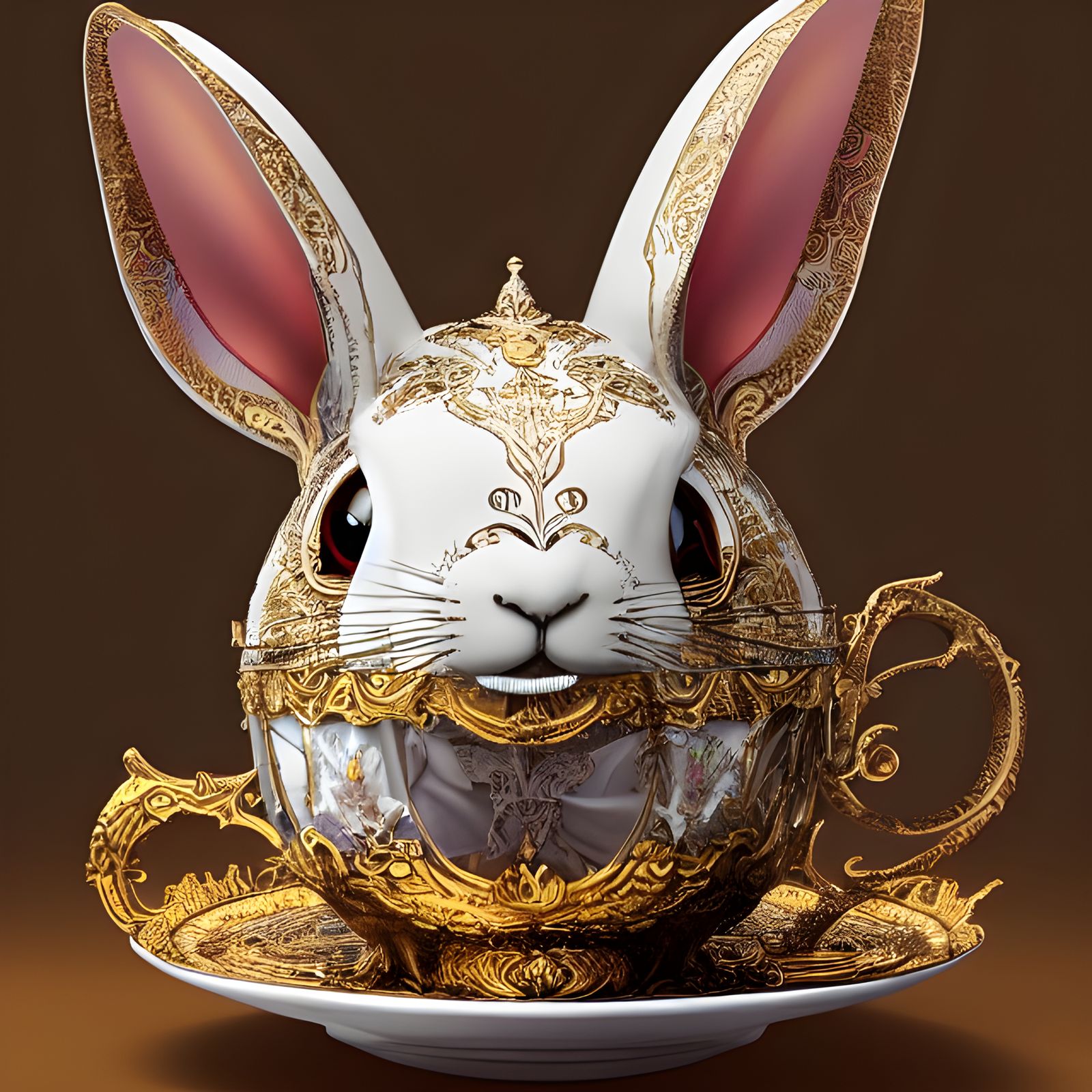 Elegant Rabbit Sipping Tea, Detailed Digital Art