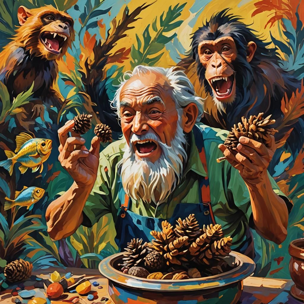 Expressionist Art: Man, Pinecone, Fish, and Monkey