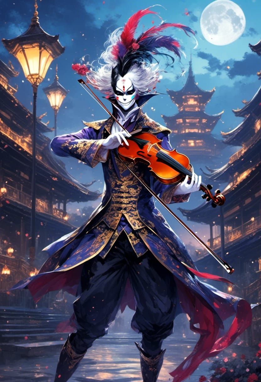 Masked Jester Dances with Violin in Moonlight