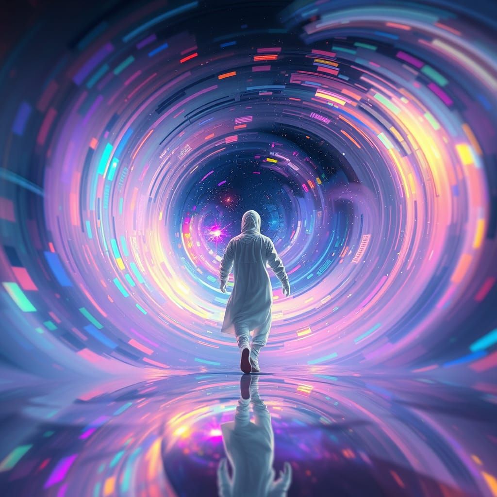 Astronaut Stepping into Iridescent Vortex, Dreamlike Surreal...