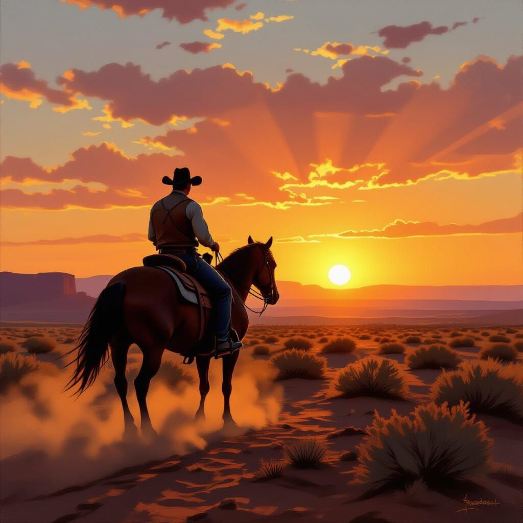 Cowboy Silhouette Against Desert Sunset Oil Painting