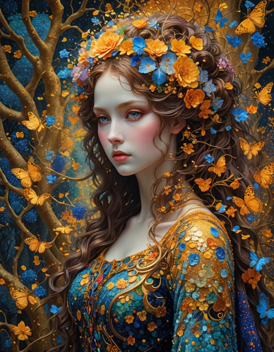 Klimt-Style Portrait with Flowers and Butterflies