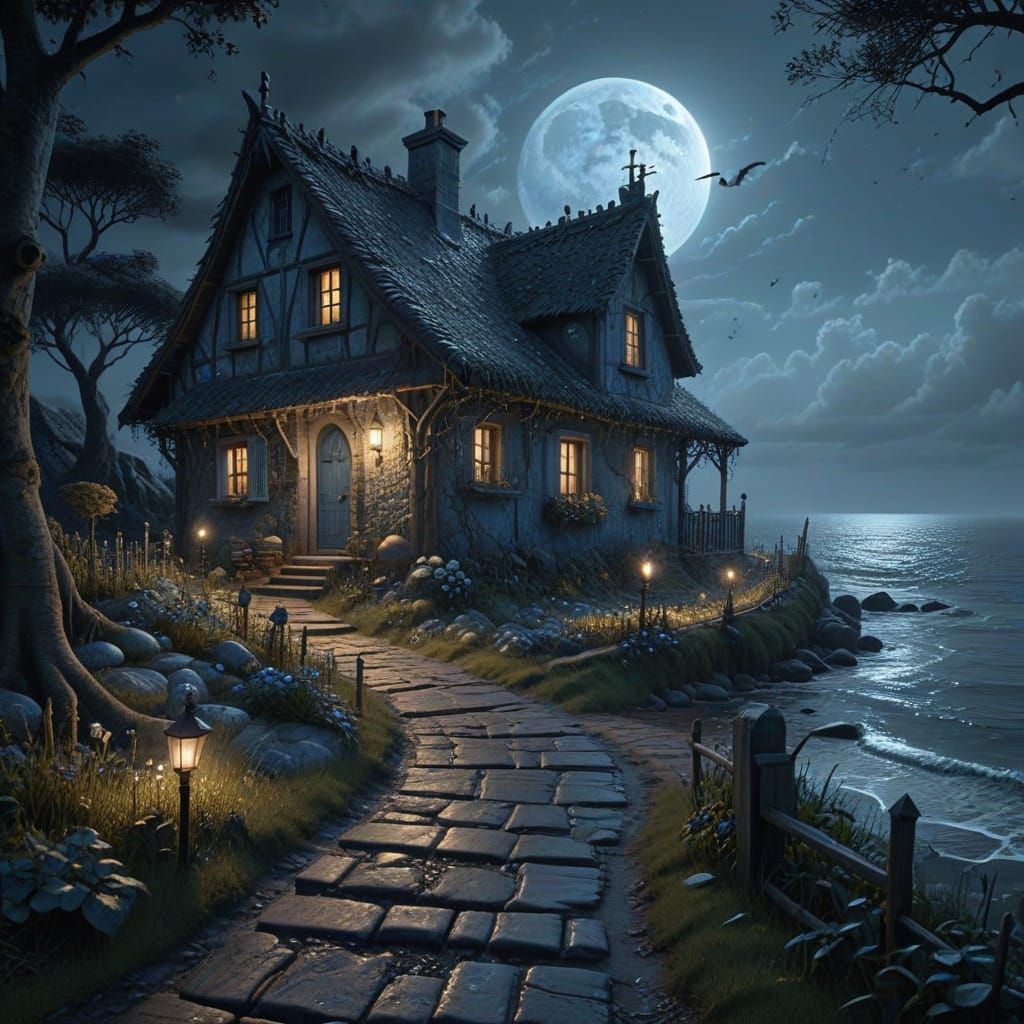 Mysterious Cottage by Ocean Under Moonlight