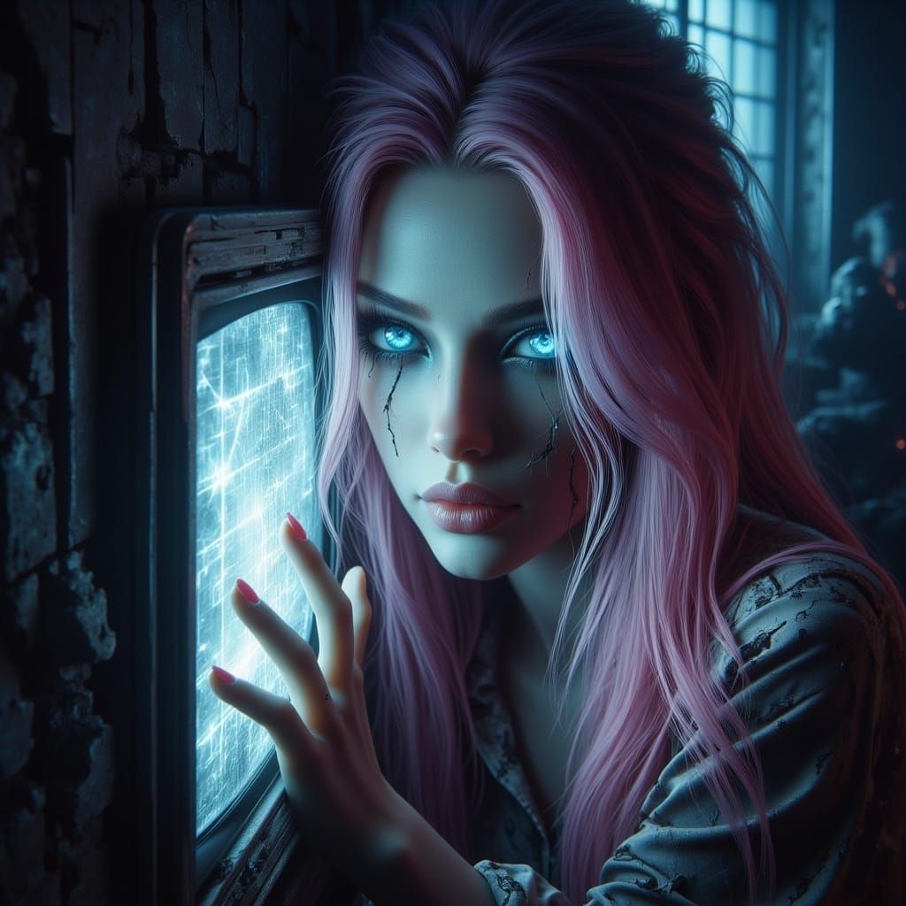 Ethereal Woman Reaches from Distorted TV as Glitchpunk Horro...