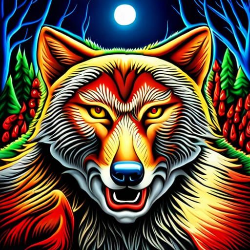 Hyperrealistic 3D Wolf in Forest Under Moonlight