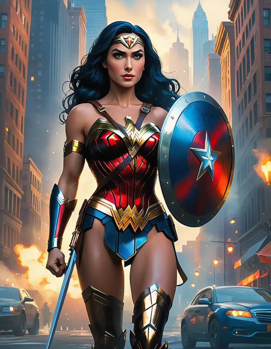 Wonder Woman Protects City: Pixar-Style Digital Art