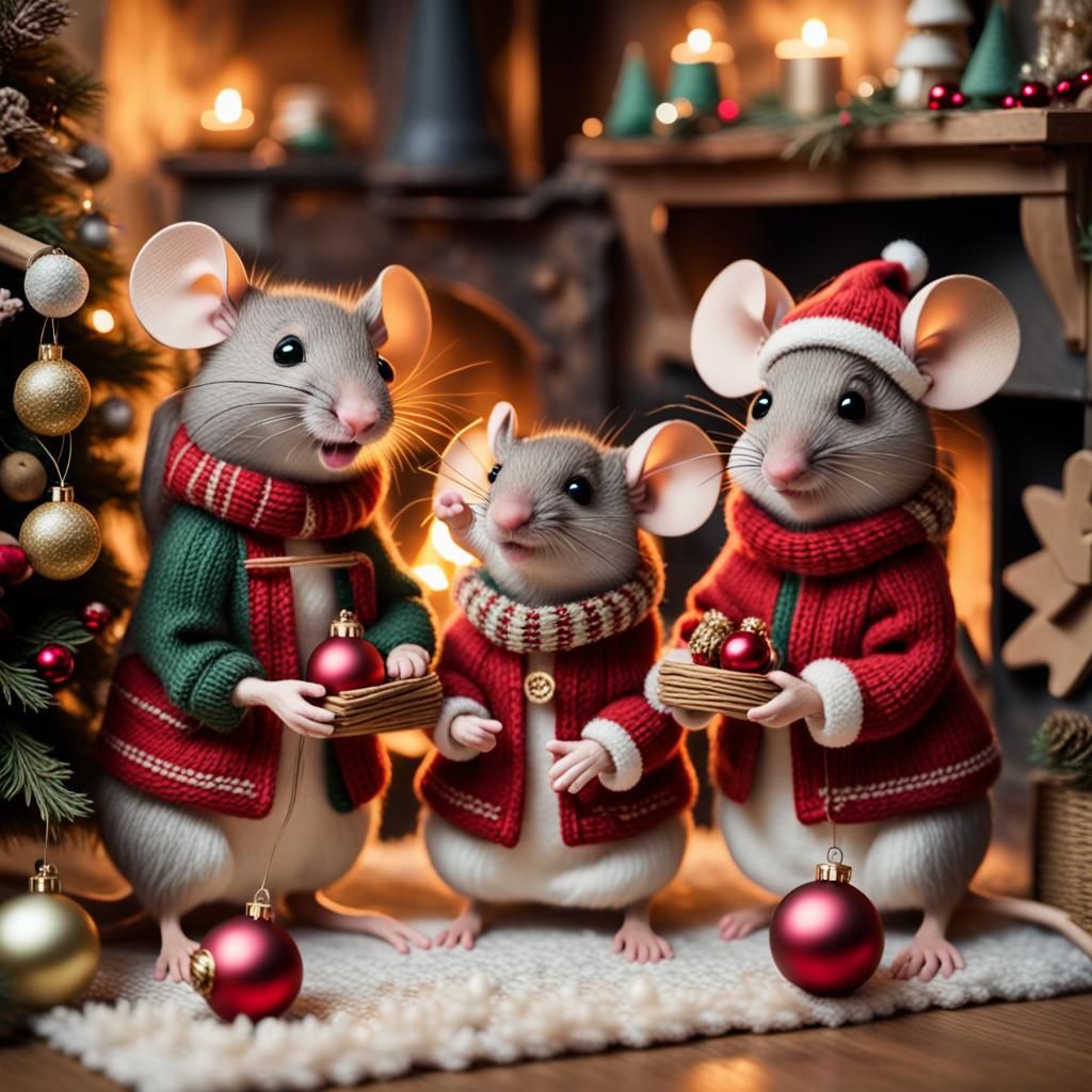 Festive Mouse Family Decorating Christmas Tree