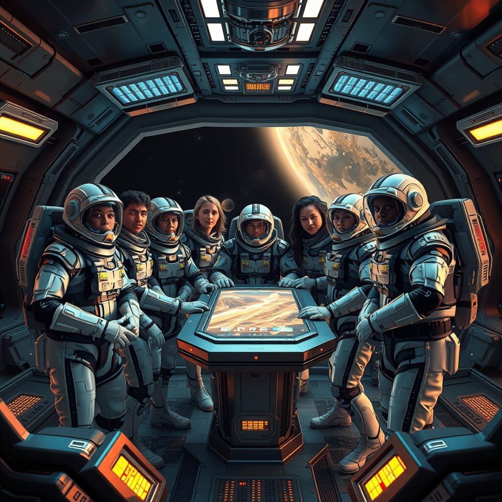 Futuristic Space Crew in High-Tech Suits Surround Holographi...