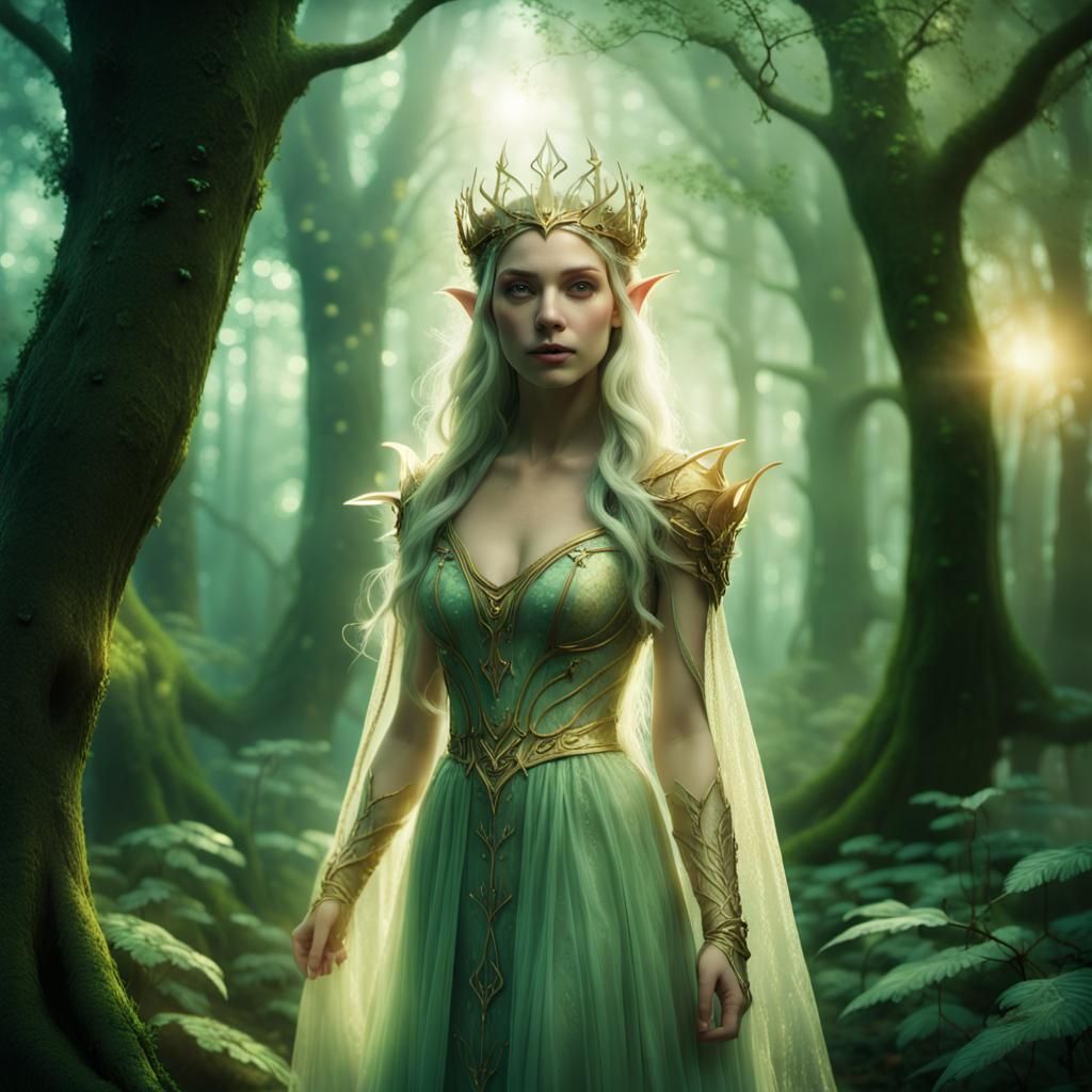 Radiant Elf in Mystical Forest, Cinematic Still