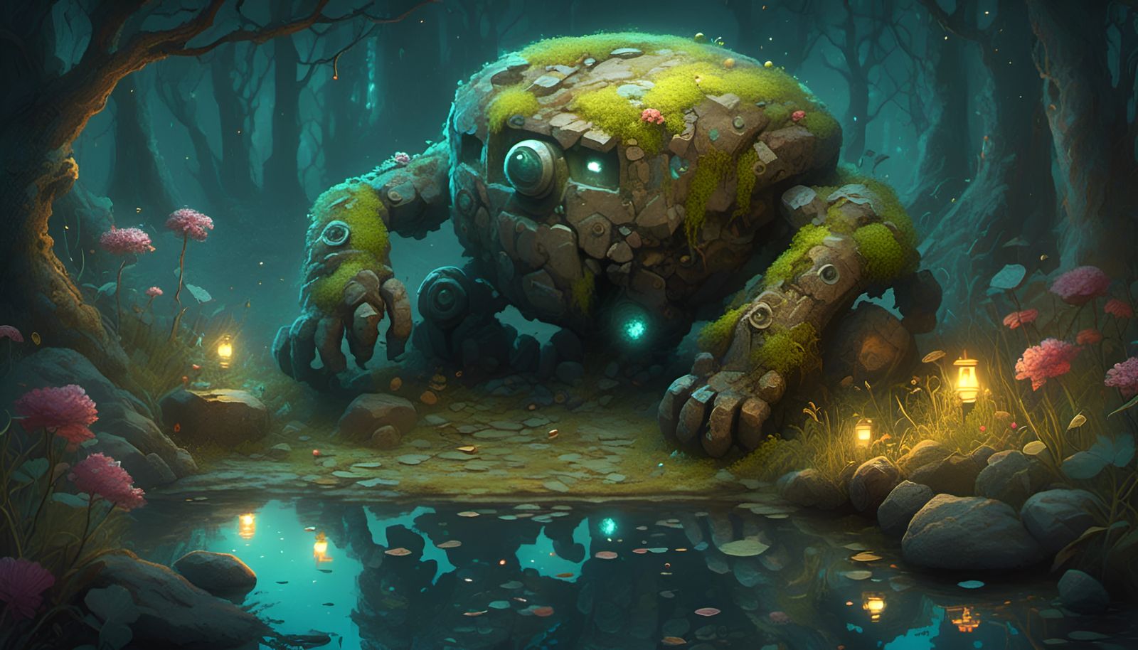 Ornate Stone Golem at Pond with Bioluminescent Lights