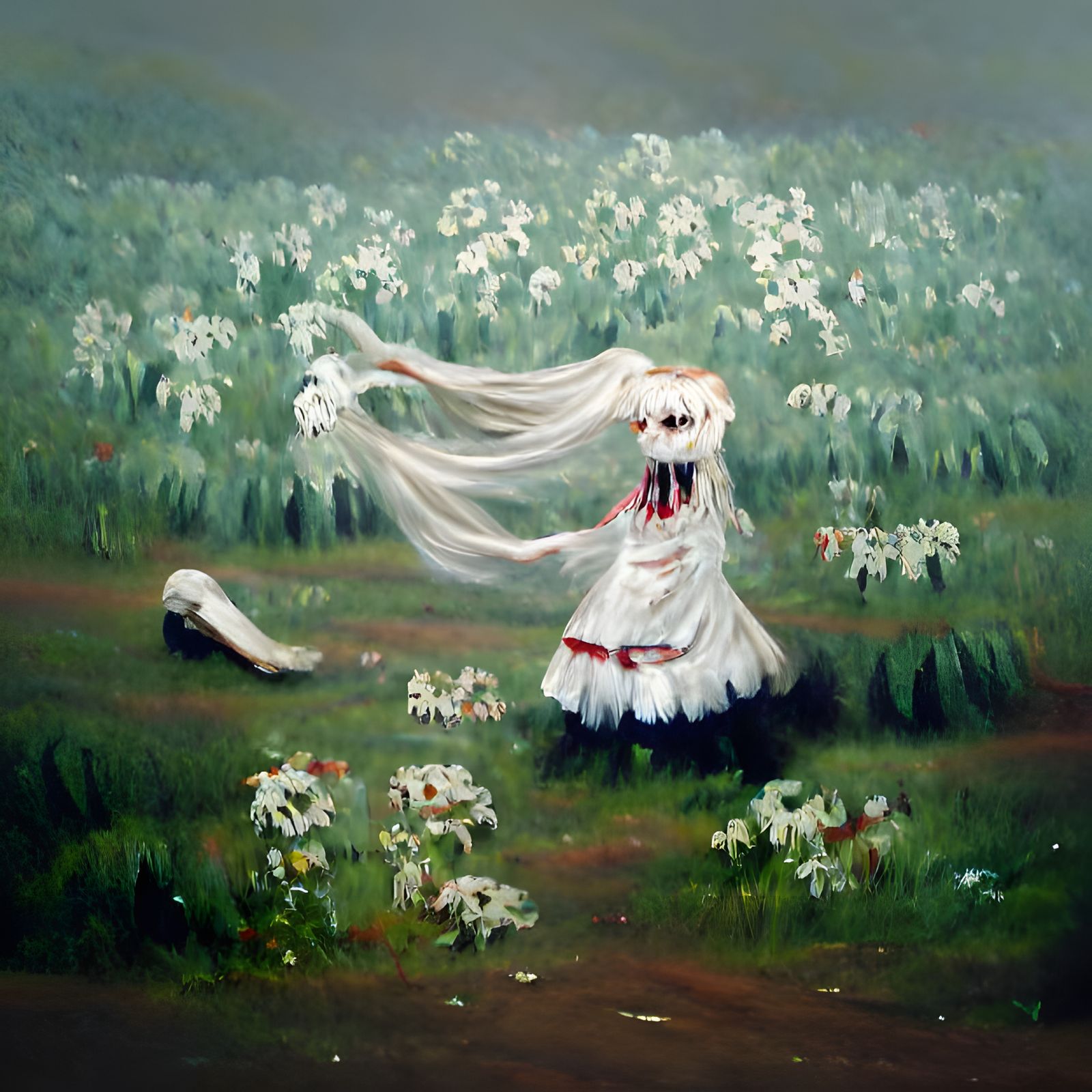 Girl Dancing in Forest: Ominous Oil Painting