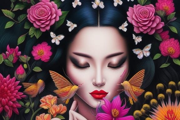 Woman Flying with Birds: Detailed Pencil Drawing