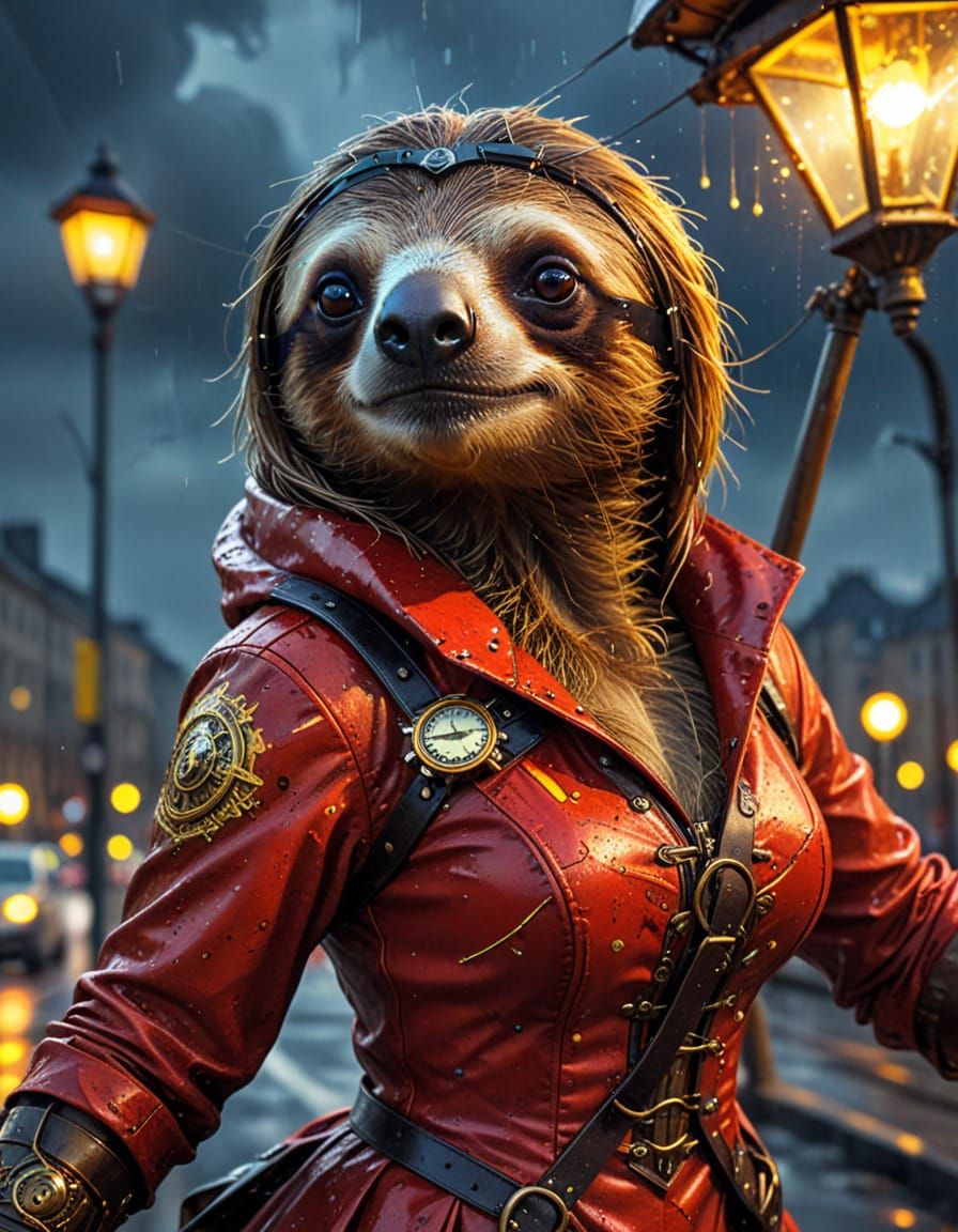 Steampunk Sloth Pilot in Red Dress Flies Plane