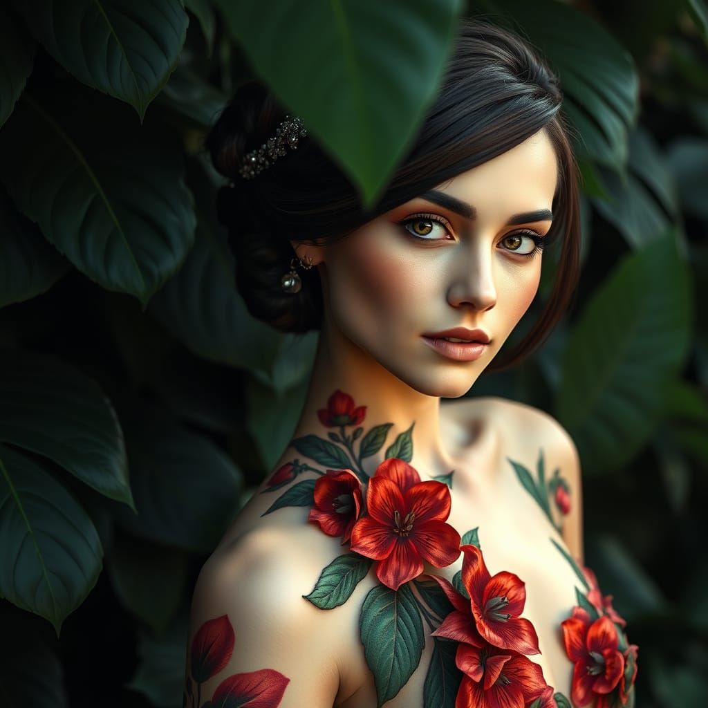Surreal Portrait of a Woman with Floral Designs in a Realist...