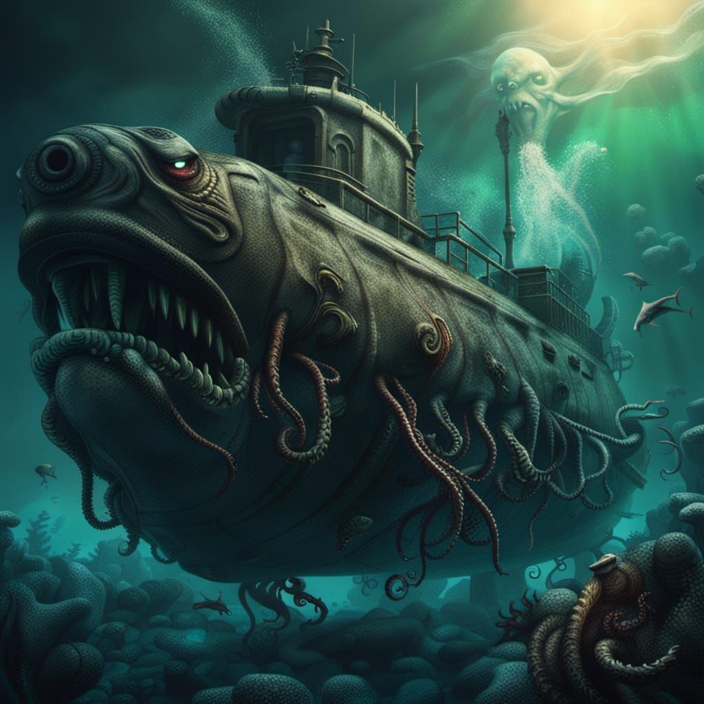 Horrifying Submarine in Dark Underwater Scene