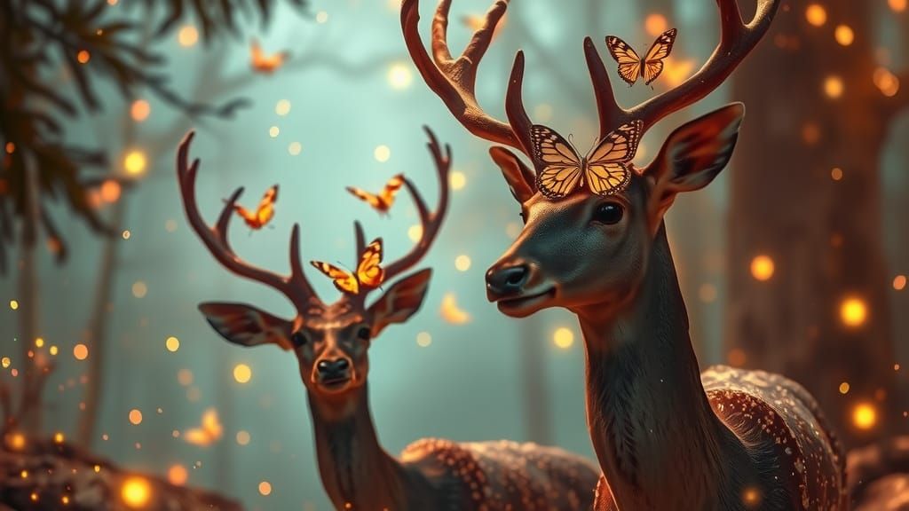 Mystical Deer with Butterflies in Fantasy Forest