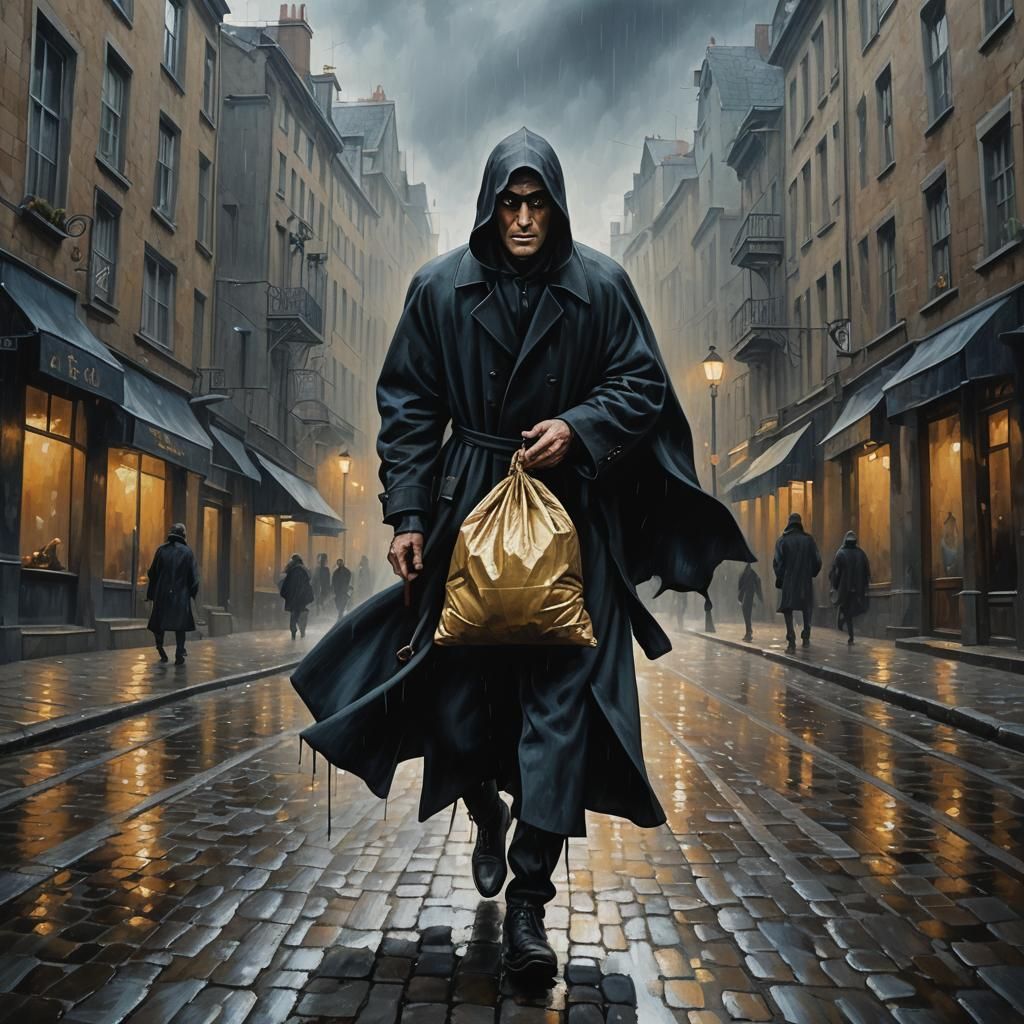 Thief's Escape: Surreal Oil Painting in the Rain