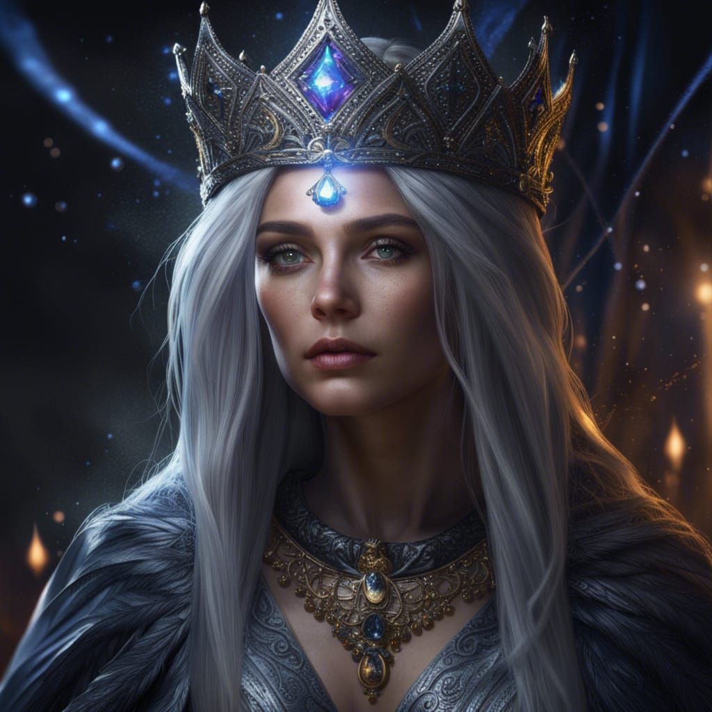 a medieval sorceress, her flowing robes woven with shimmerin...