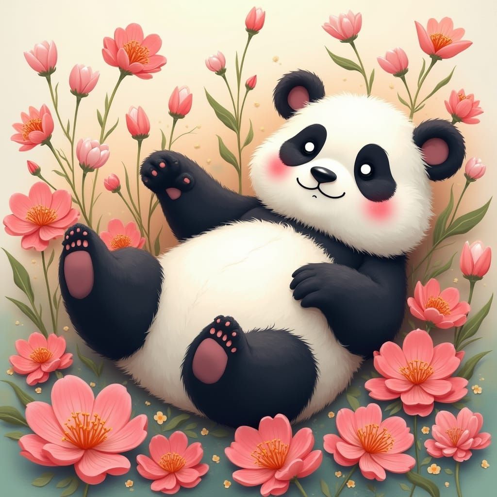 Cute Black and White Panda Surrounded by Whimsical Cherry Bl...