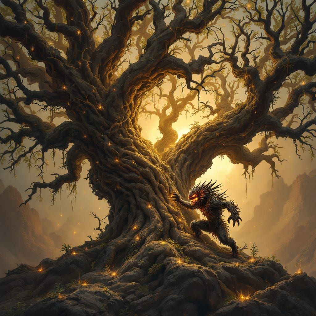 Monster Climbs Tree of Life in Detailed Style