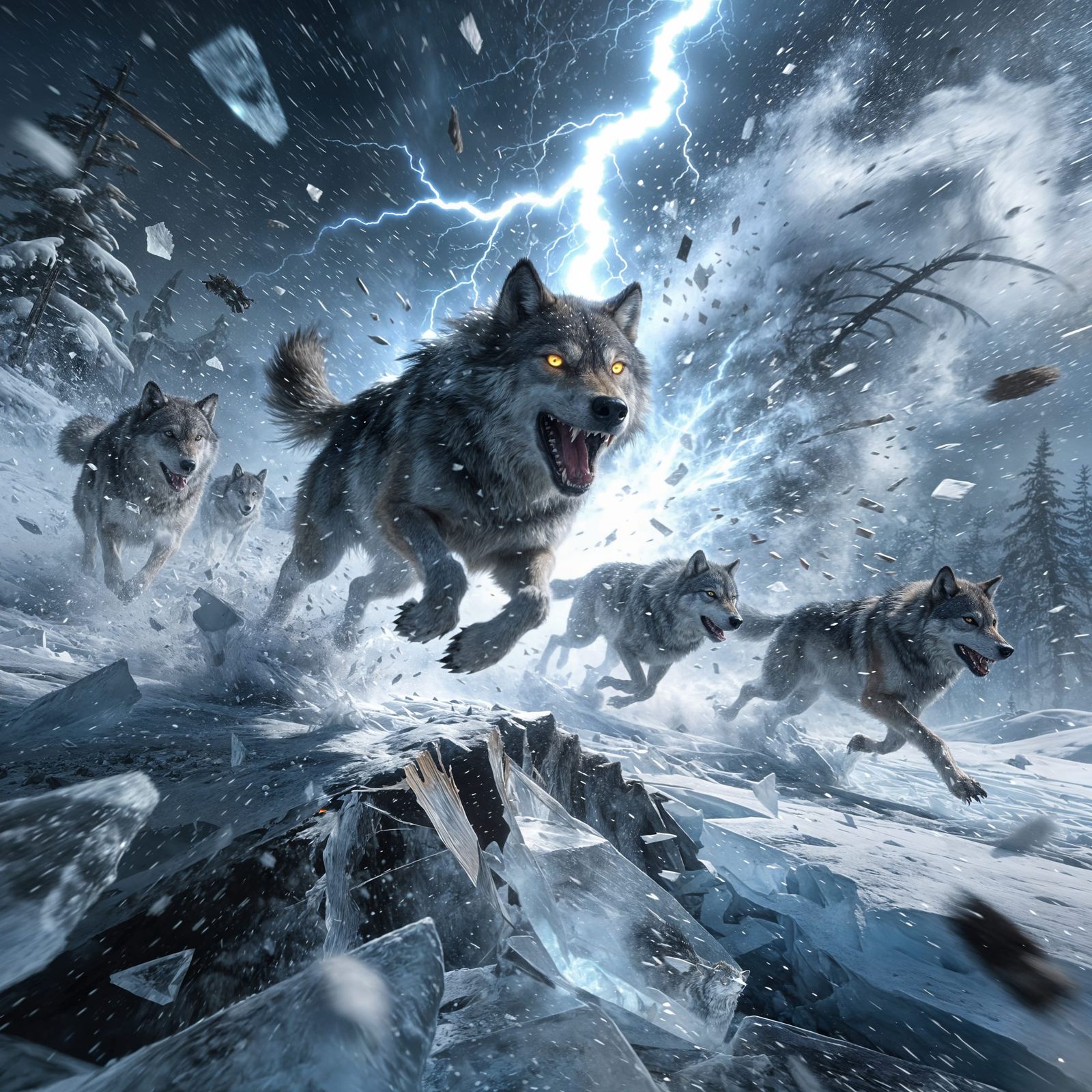 Wolves Charge Through Snowstorm Under Lightning Strike