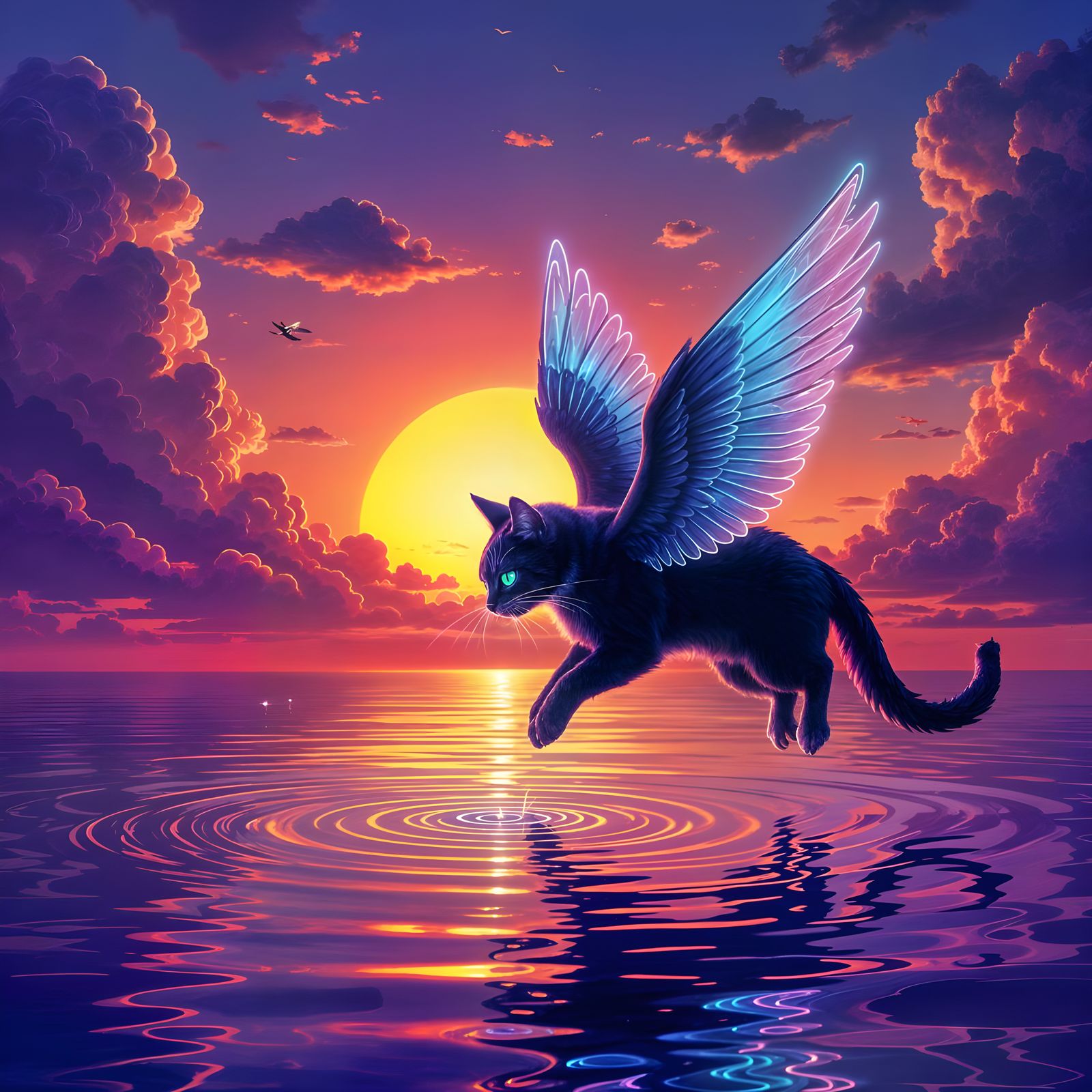 Neon Sunset Fishing Cat Bird with Glowing Wings