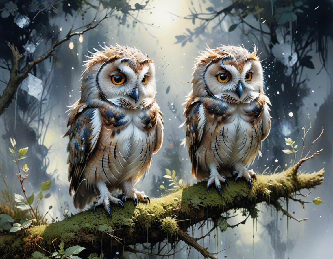 Baby Owls Under Moonlight: Neo-Impressionist Oil Painting