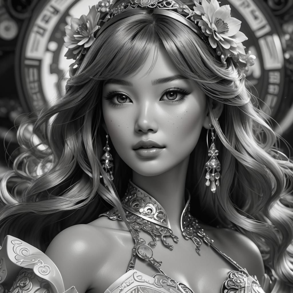Hyperrealistic Asian Barbie Portrait in Black and White