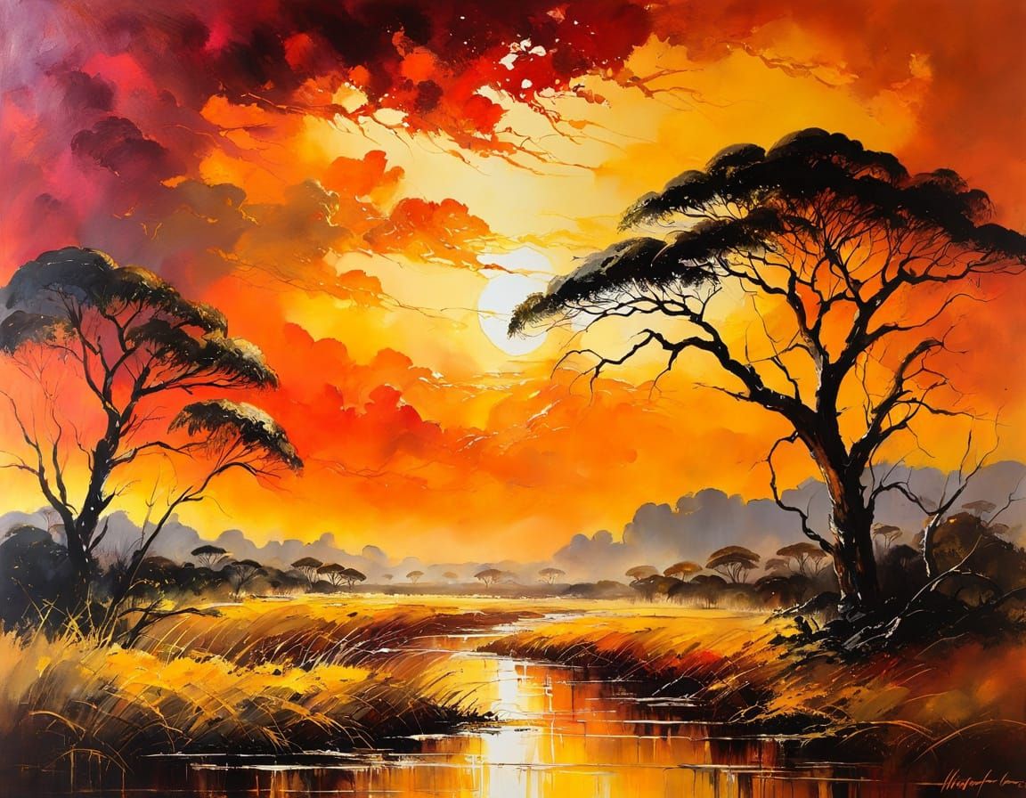 African Savanna Thunderstorm in Impressionist Style