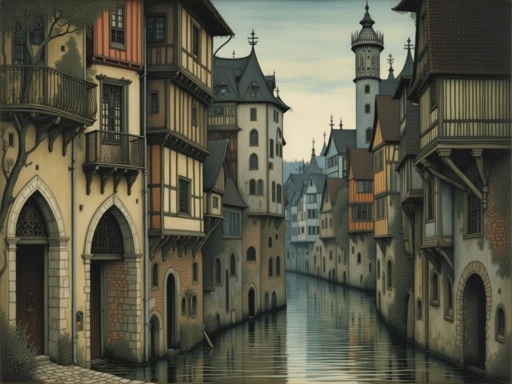 Portuguese Alley in Old Town: Detailed Steampunk Illustratio...