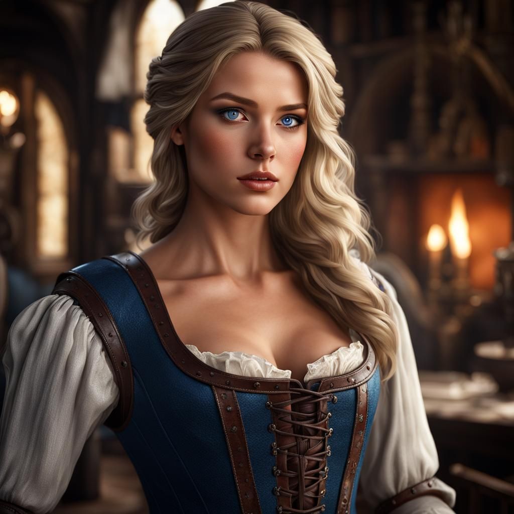 Medieval Tavern Girl with Blue Eyes in Hyperrealistic Style