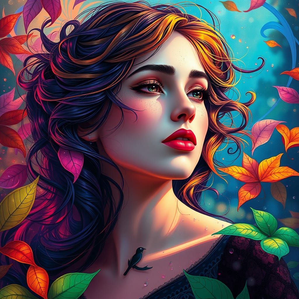 Whimsical Woman Lost in Morning Dew Inspired Art Nouveau