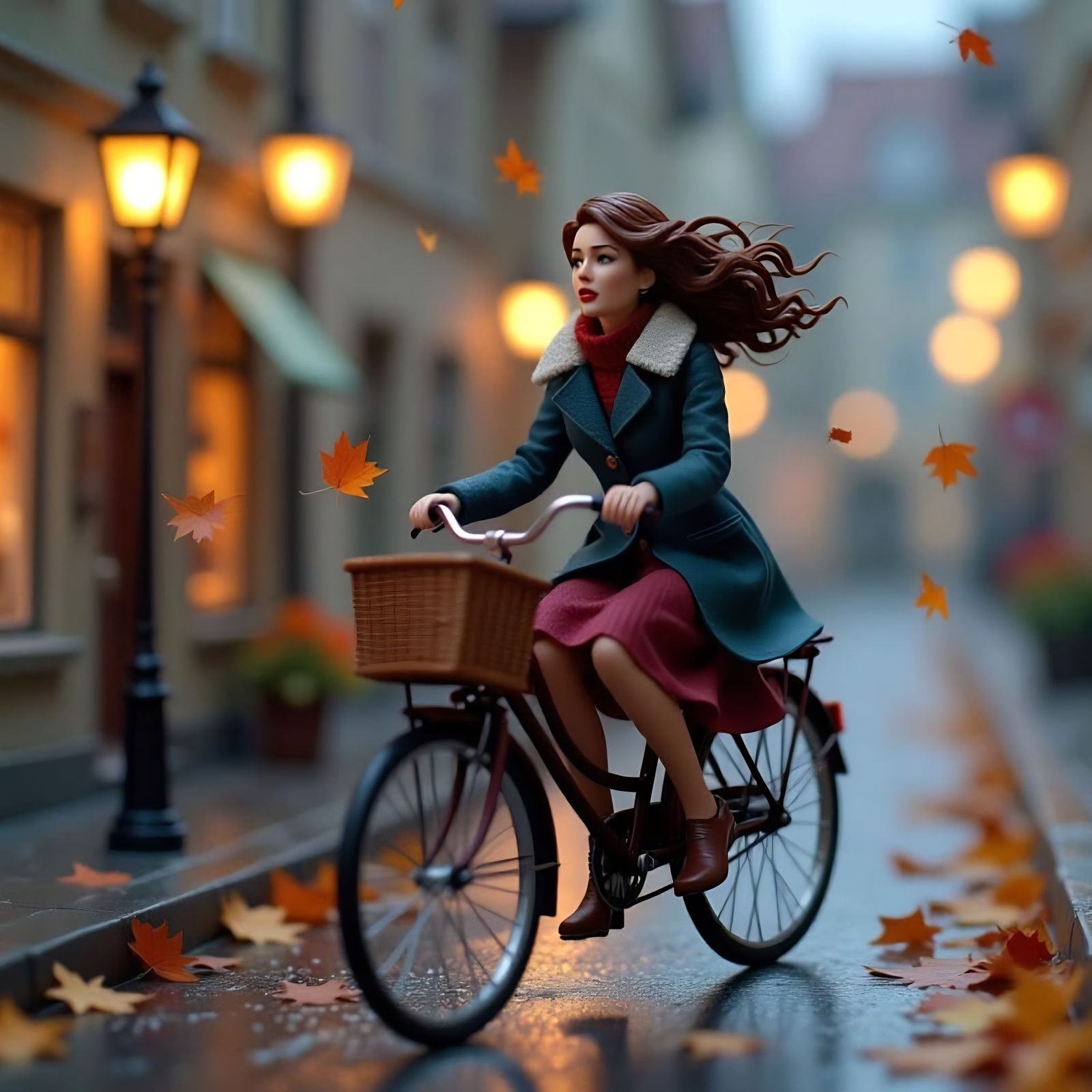 Woman Cycling in Autumn Storm Diorama