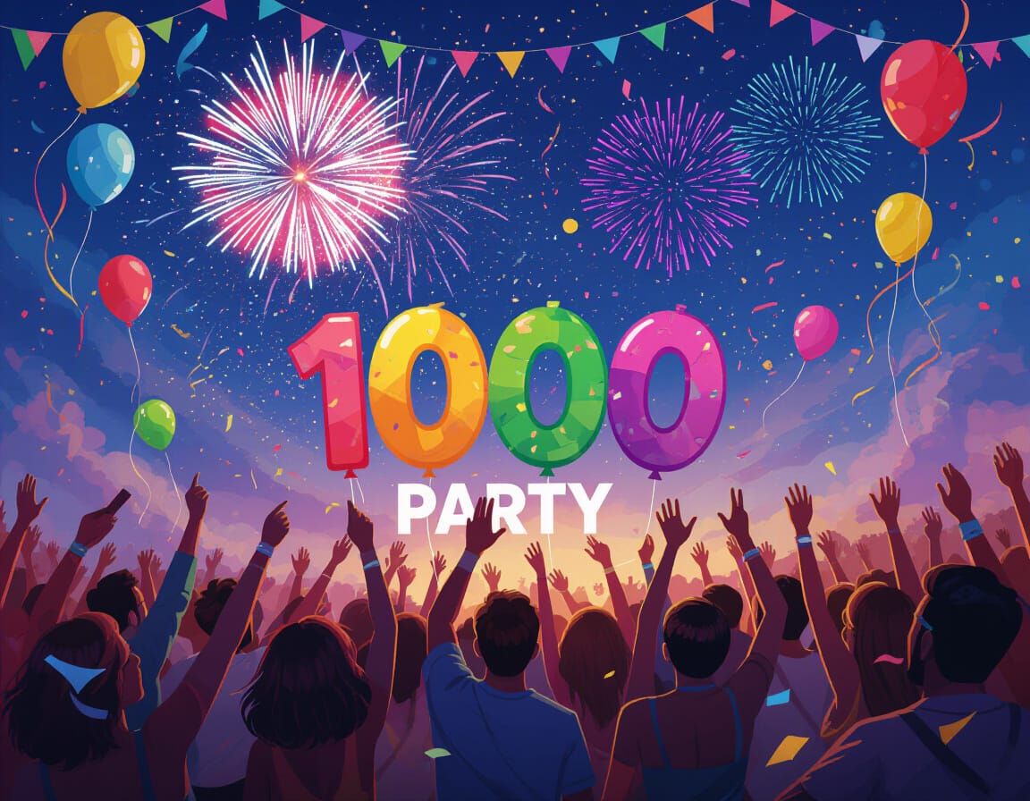 a happy "1000" party with fireworks