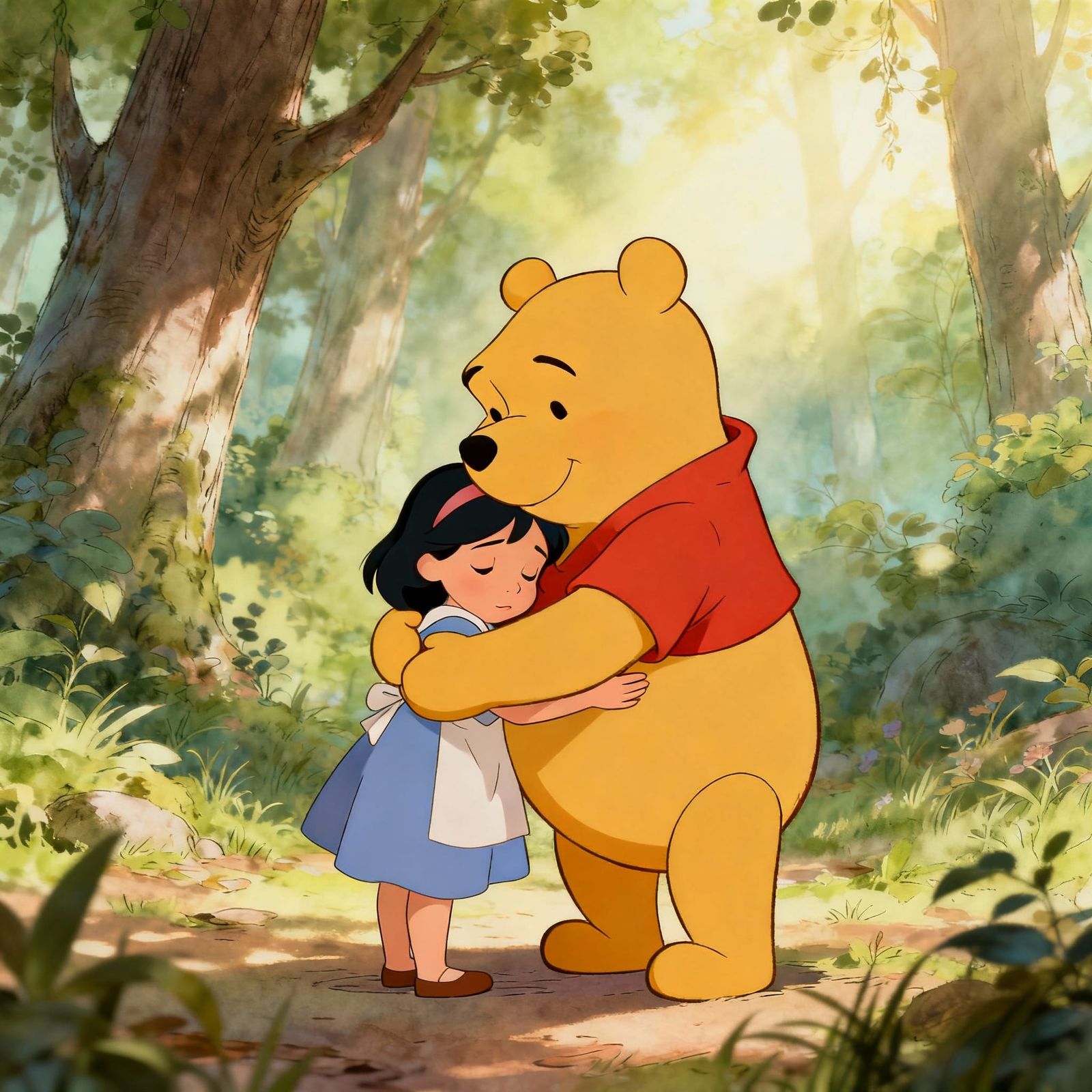 Winnie the Pooh Hugs Little Girl in Cozy Forest