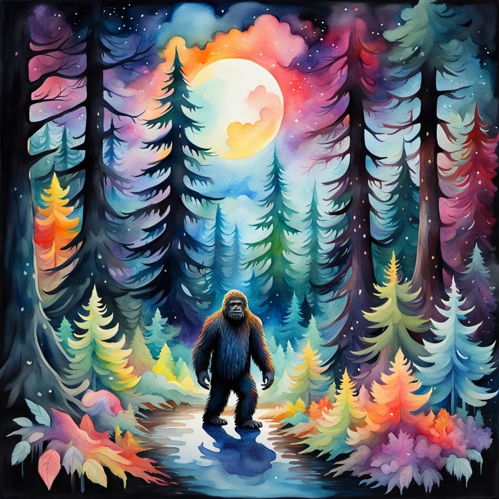 Bigfoot in Cosmic Watercolor Dreamscape