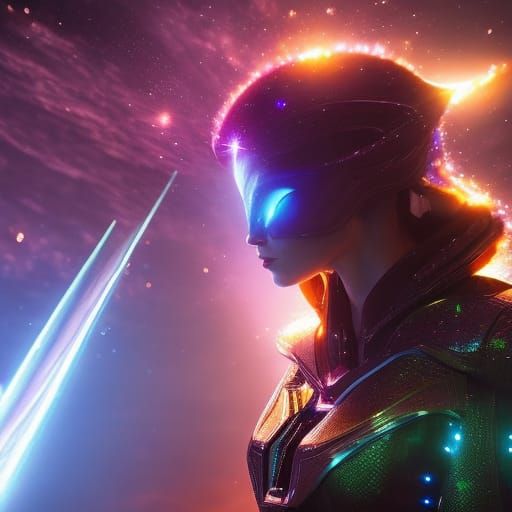 Sparkle Alien Princess Leaving Spaceship in Cyberpunk Style