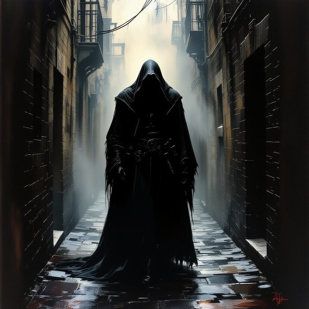 Ominous Figure in Gritty Urban Decay, Chiaroscuro Style