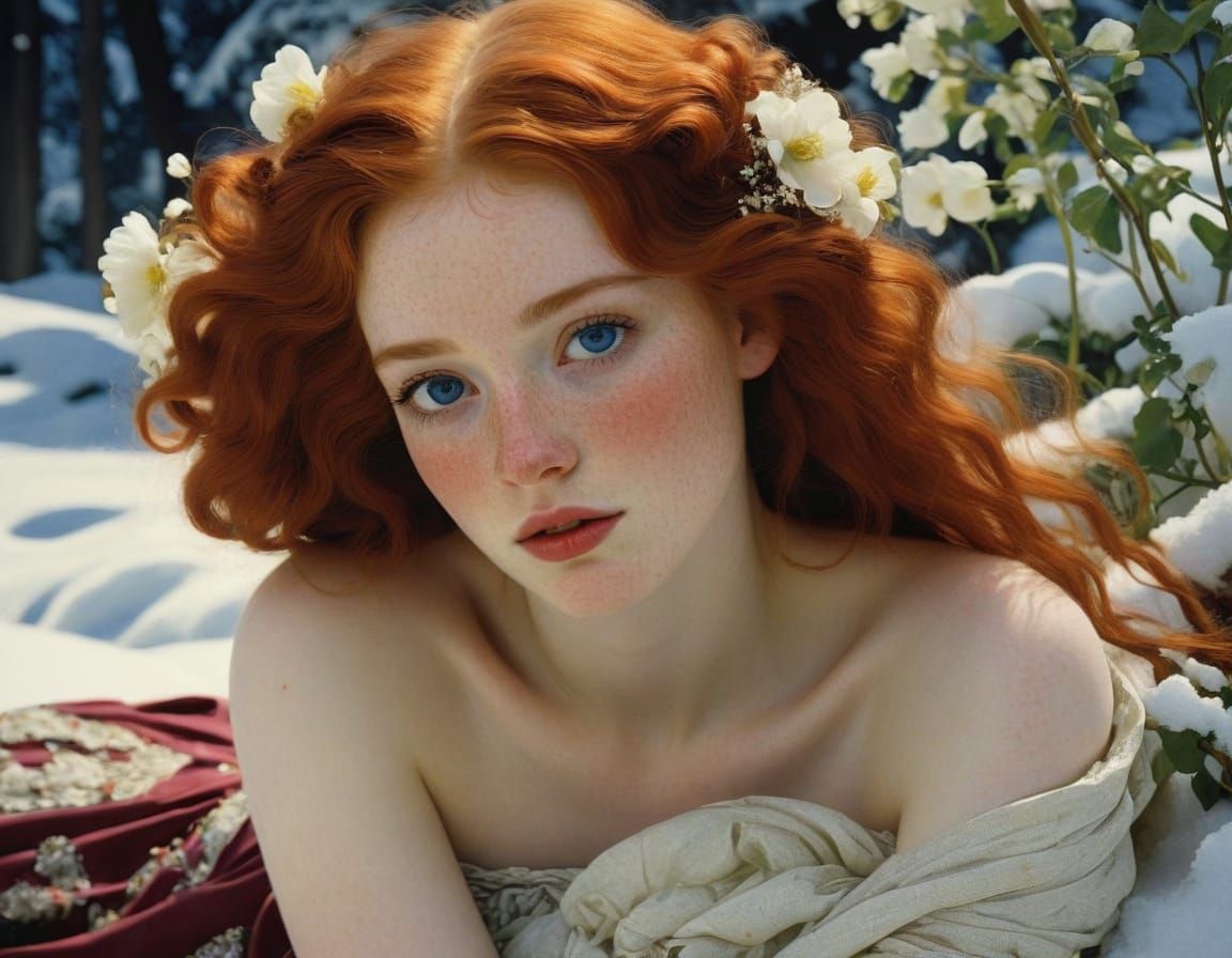 Ethereal Redhead Goddess in Snowy Splendor