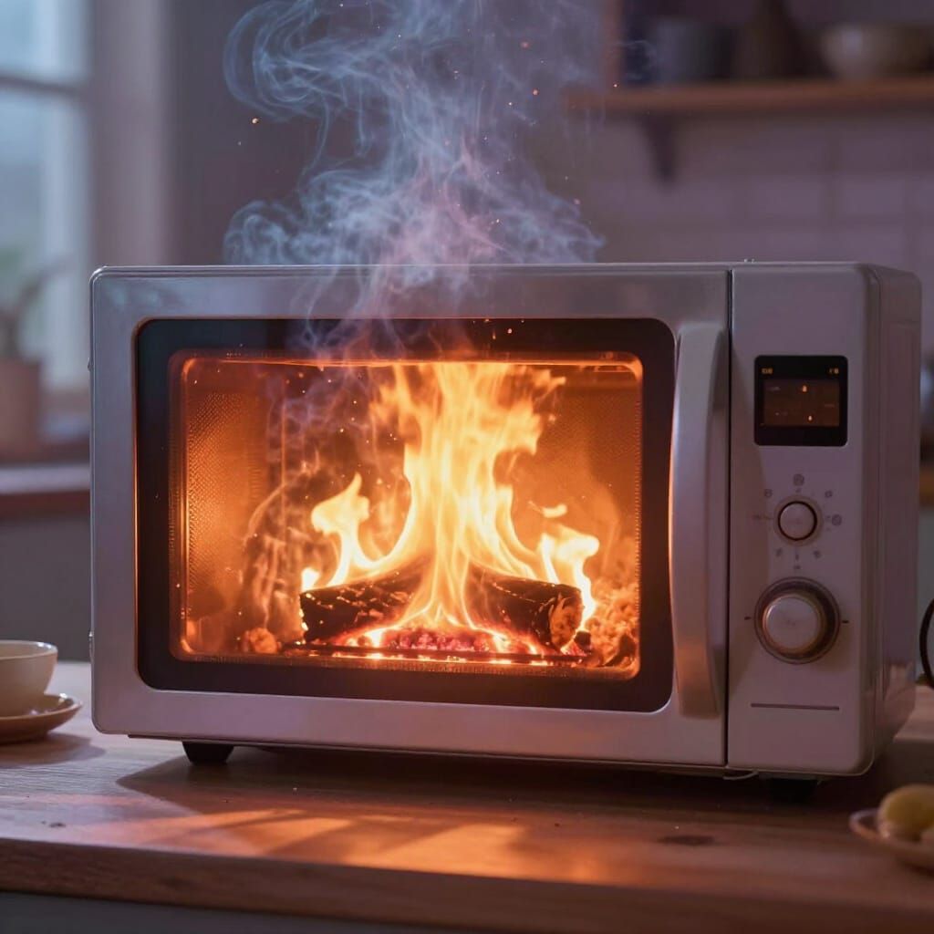 Warm Fireplace Inside Microwave Oven in Cozy Kitchen