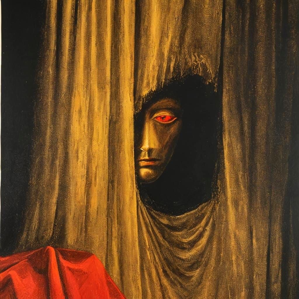 Ethereal Face Behind Velvet Curtains