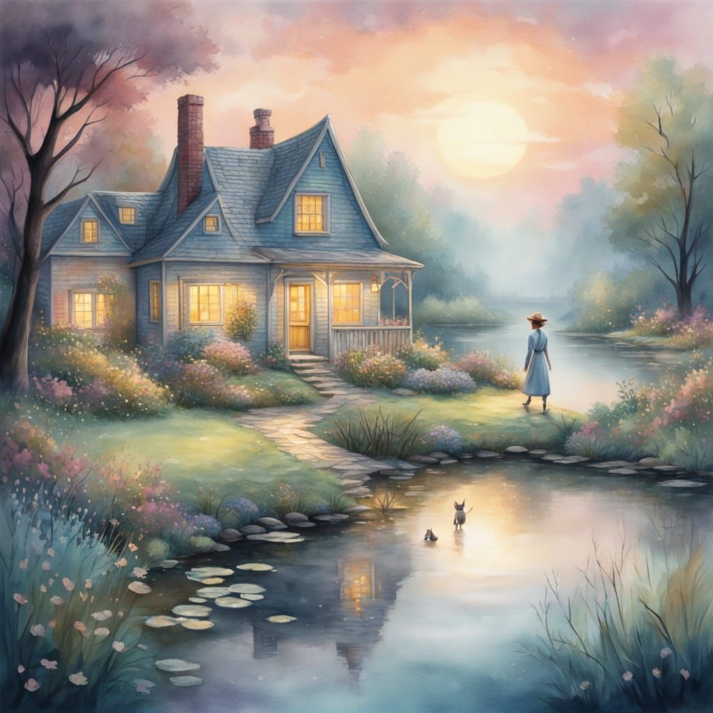 Whimsical Watercolor Landscape with Vintage Woman and Dog