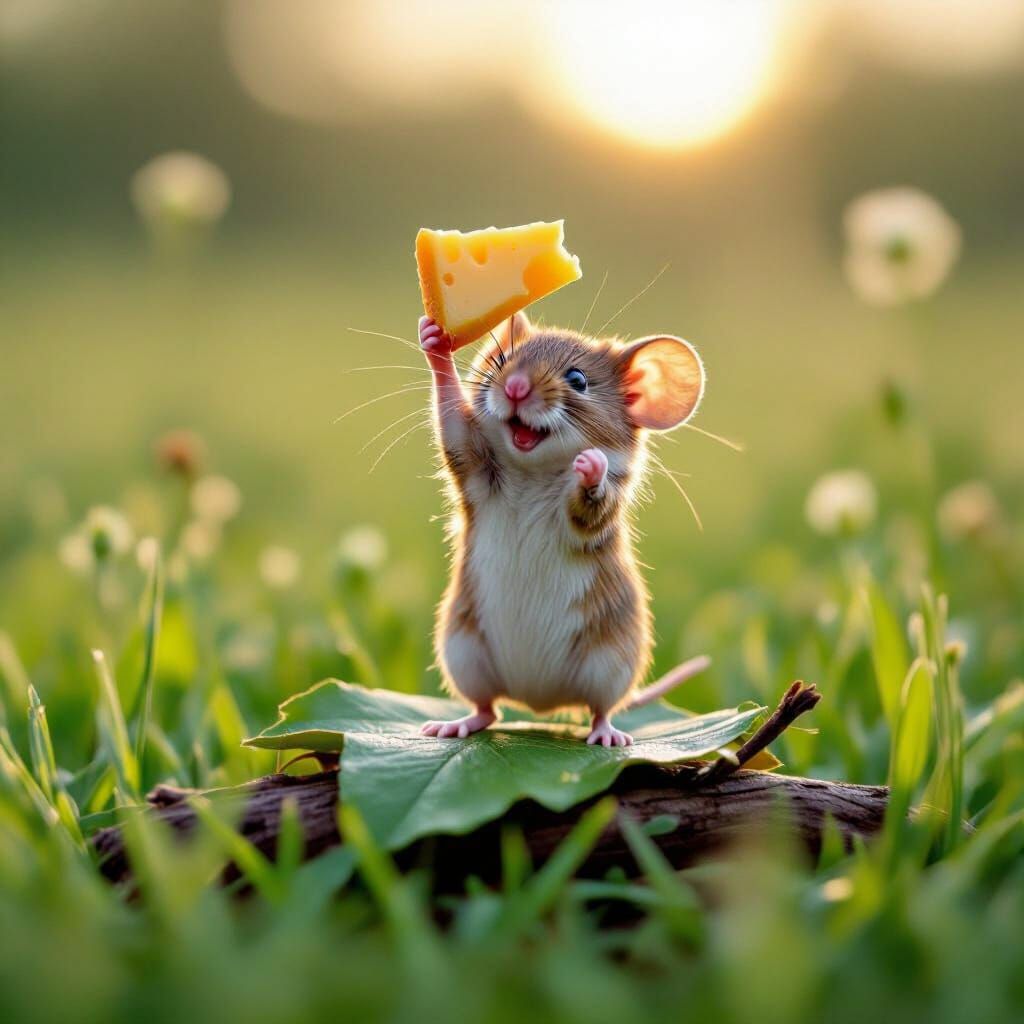 Tiny Mouse Celebrates Cheese Victory on Leaf Podium