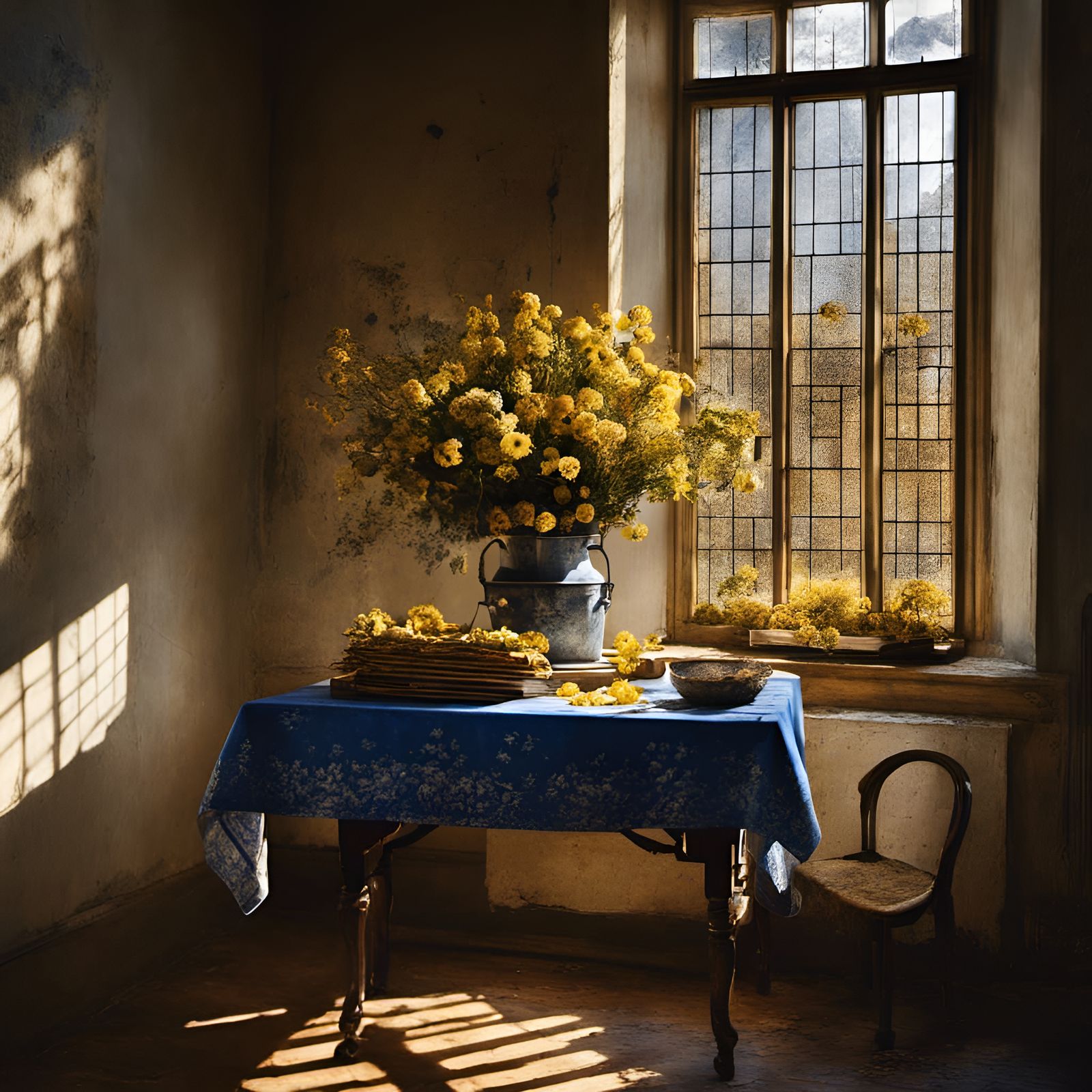 Hyperrealistic Still Life of Flowers in Copper Bucket
