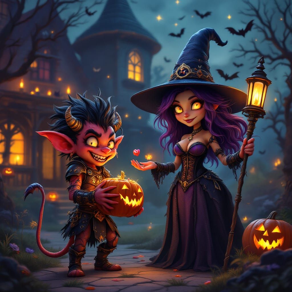 Mischievous Imp and Witch Halloween Scene