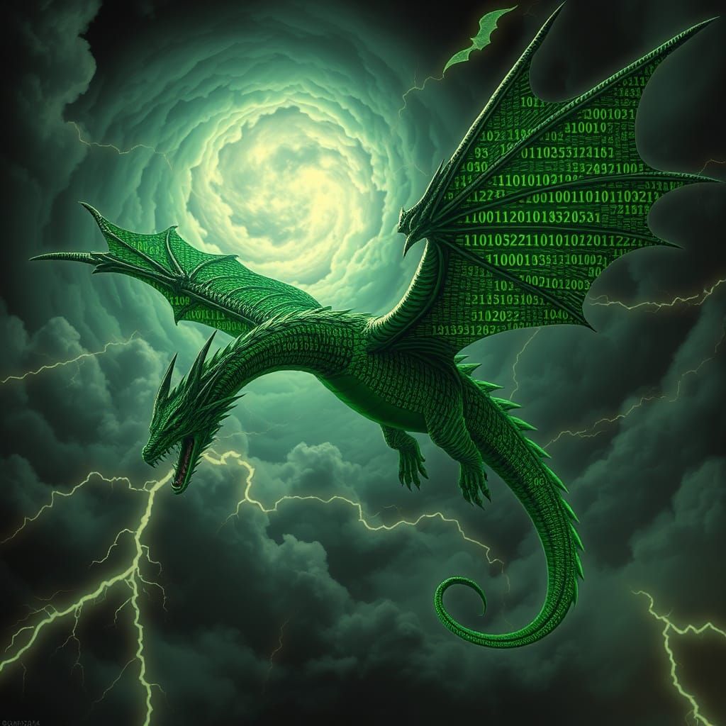Majestic Dragon of Binary Code Soars Through Stormy Sky