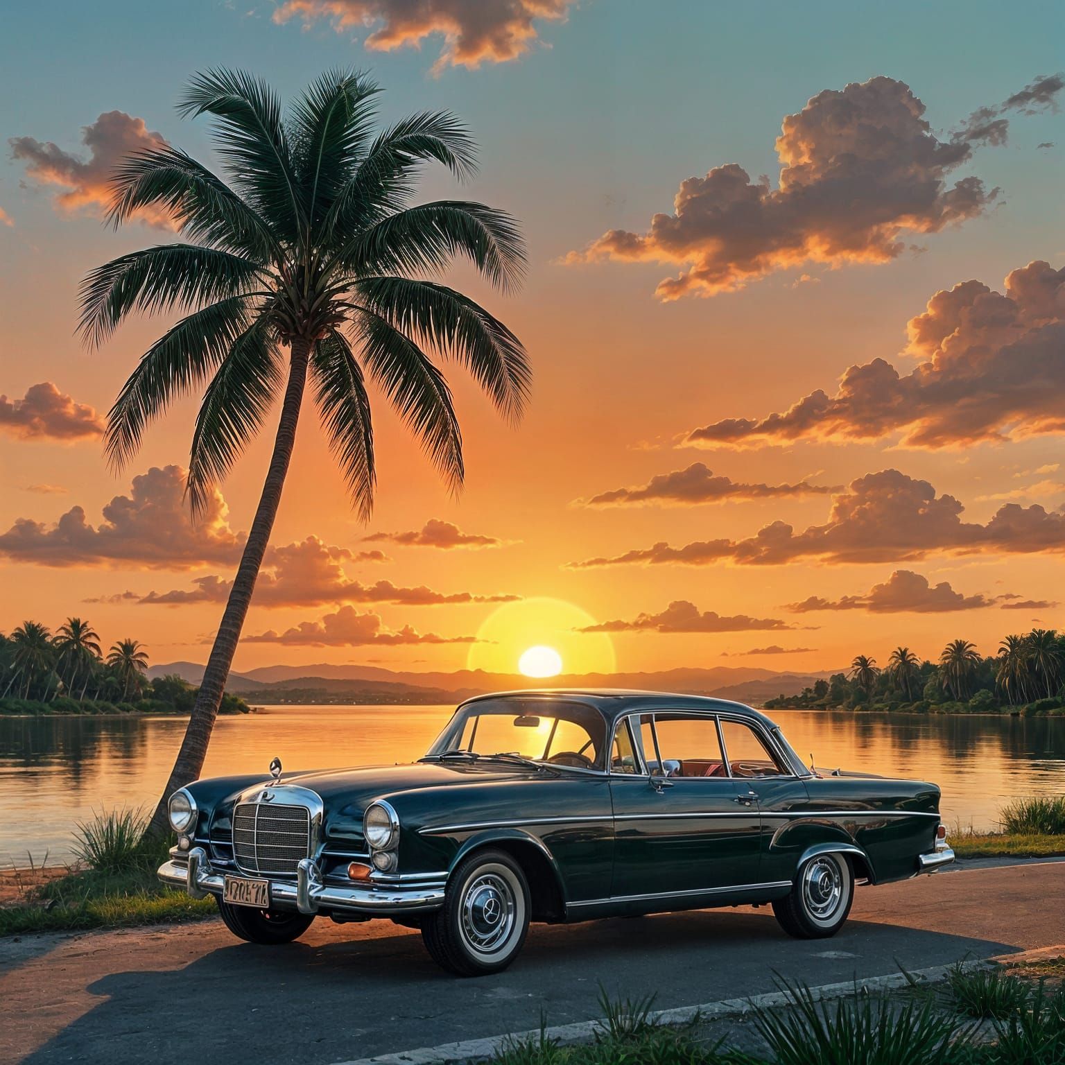 Classic Mercedes by River at Sunset