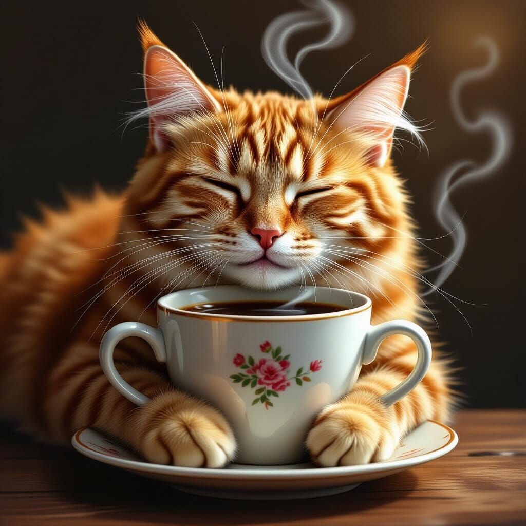 Ginger Cat Enjoys Coffee Cozy Scene