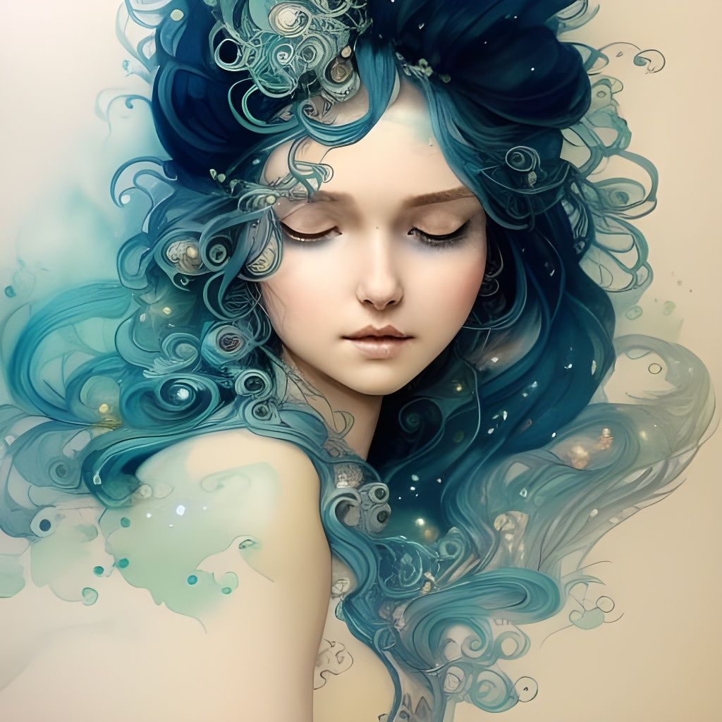 Ornate Girl with Flowing Water Hair Portrait