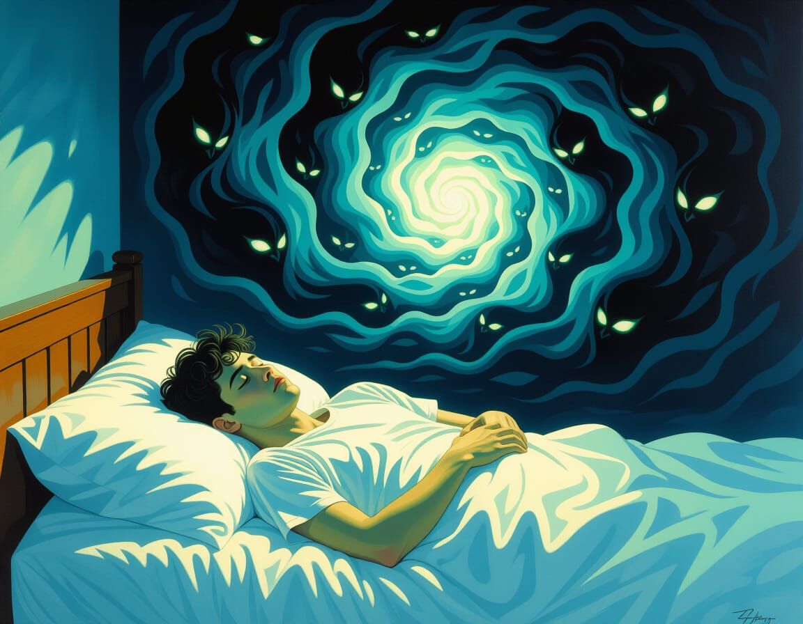 Man's Troubled Sleep Amidst Ethereal Spirits